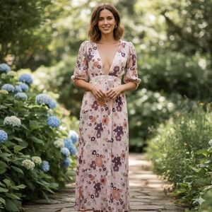 For Love & Lemons Magnolia Pink Blossom Floral Deep V Open Back Maxi Dress Large